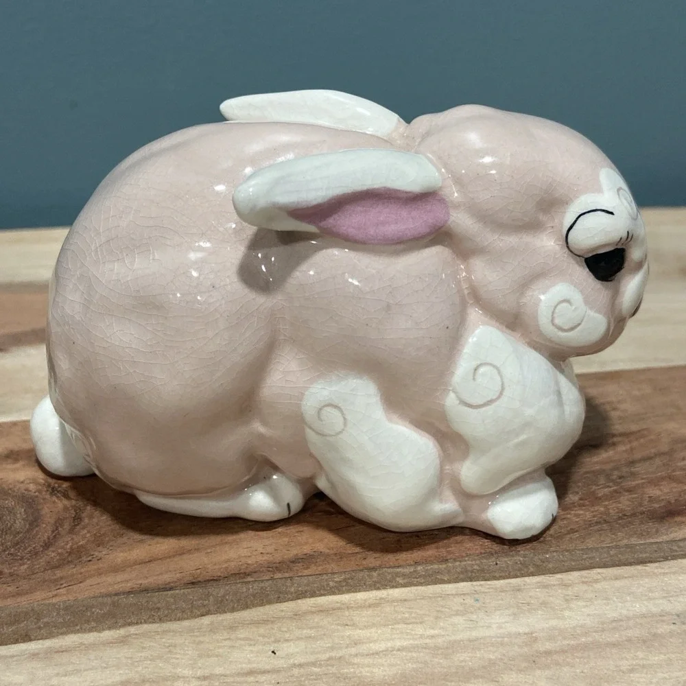 Vtg Kay Finch Bunny Rabbit Pink Figurine California Pottery  MCM Glazed Ceramic